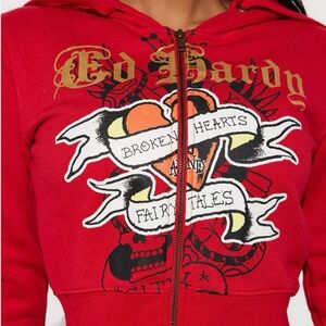 Ed Hardy Broken Hearts Zip Front Hoodie - Red